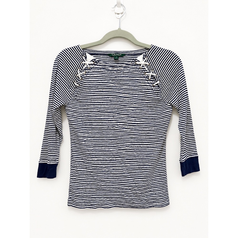 Lauren Ralph Lauren Top Women Small Blue Striped Lace Up Shoulder Coastal